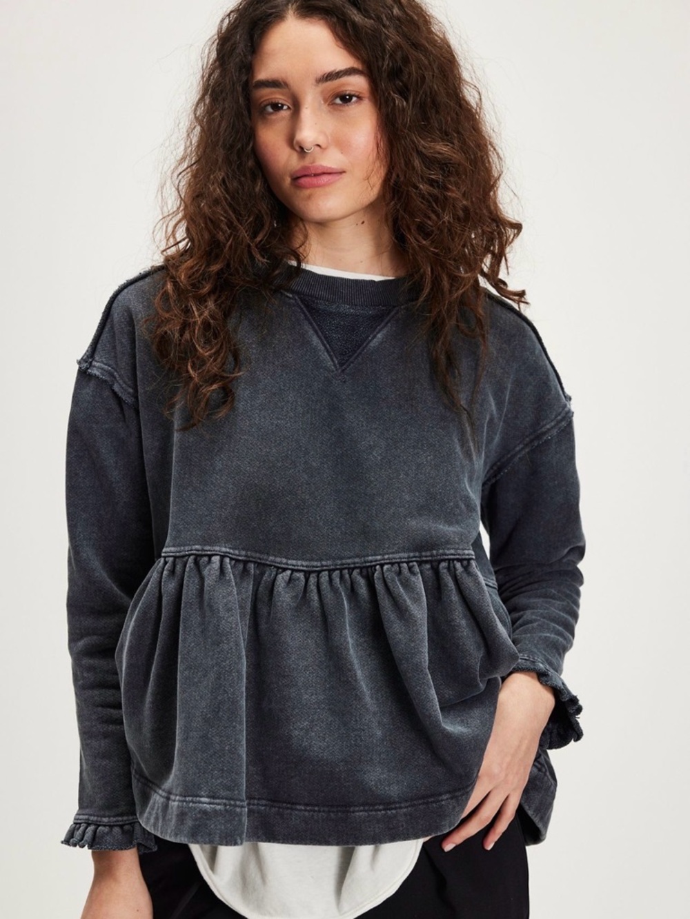 Free People BB Doll Charcoal Peplum Sweatshirt - Sz M